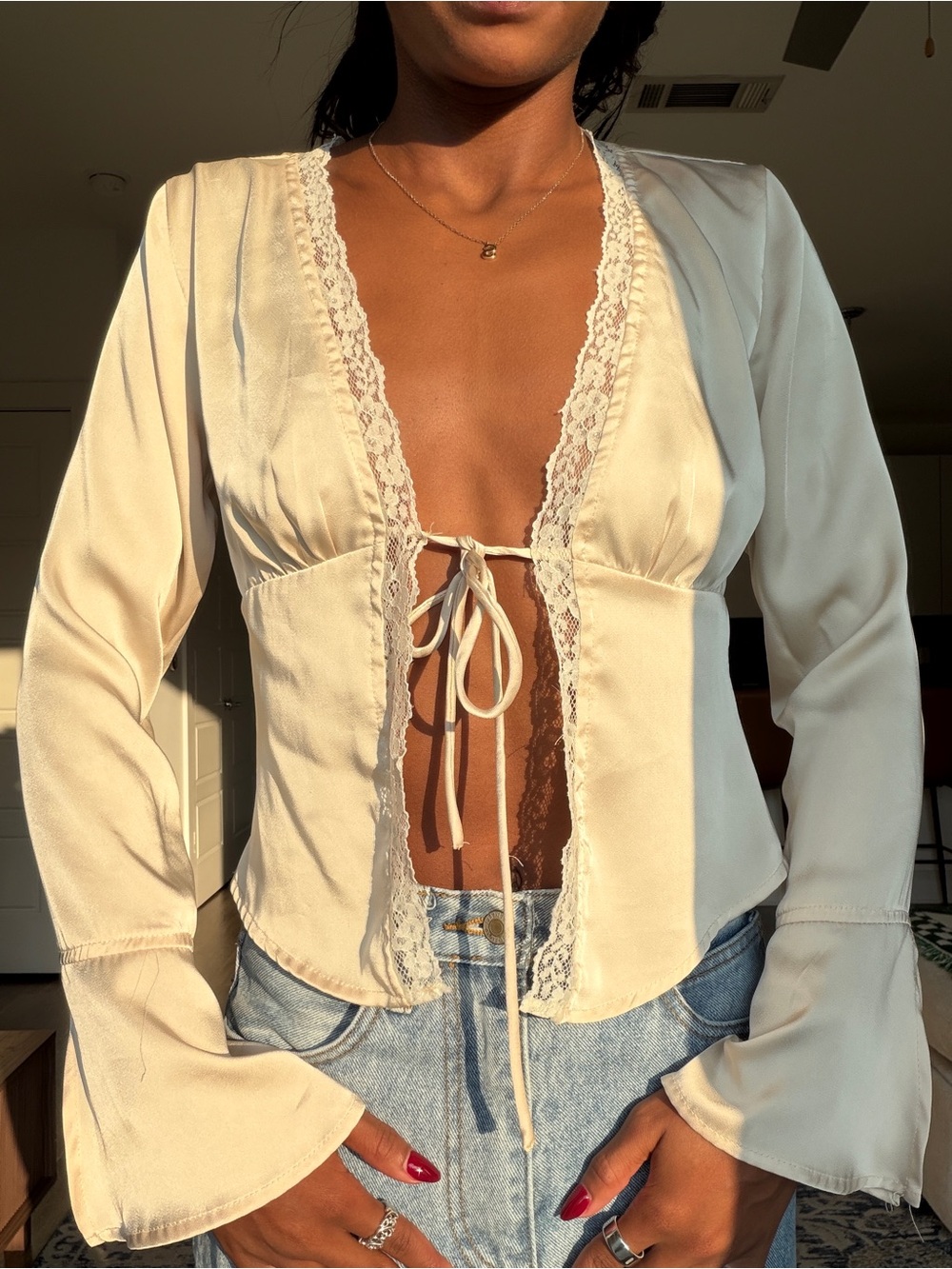 Princess Polly Ivory Lace-Trim Tie-Front Silk Long Sleeve